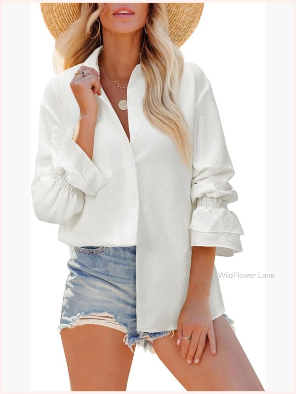 Oversized Striped Button Down Shirt Smocked Ruffle Blouse